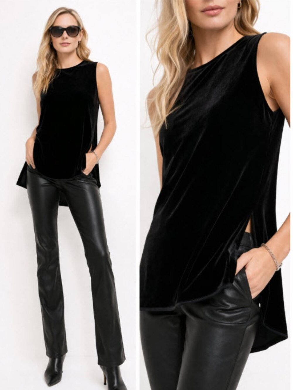 Theory Black Velvet Silk Blend Sleeveless Shell Top High Low Large